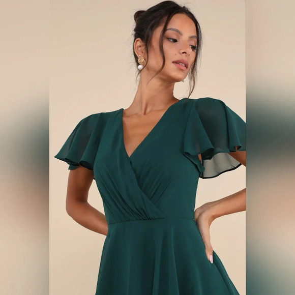 Lulus Sincerely Exquisite Emerald Green Short Sleeve Tiered Maxi Dress Wedding - Picture 4 of 8